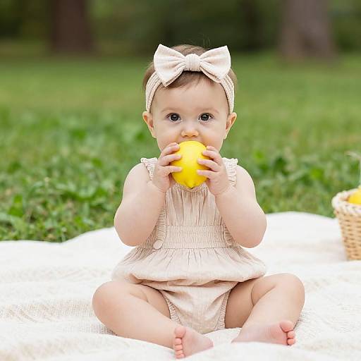 Photograph of a cute baby with fair skin, brown eyes, and dark hair, wearing a white bow and dress, sitting on a blanket, eating