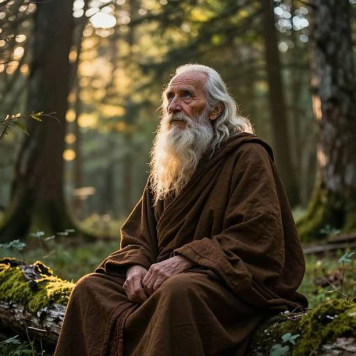 Photograph of an elderly, white-bearded man in a brown robe sitting in a sunlit forest, with soft golden light filtering through trees.