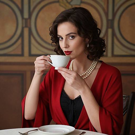 Elegant Woman Sipping Tea in Red Robe