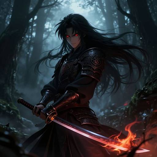 Digital art of a dark-haired, armored warrior with glowing red eyes, holding a flaming sword in a misty, moonlit forest.