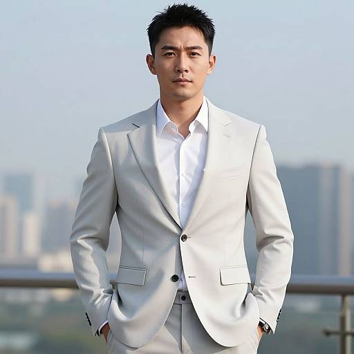 Photograph of a confident Asian man with short black hair, wearing a light gray suit and white shirt, standing outdoors with a cityscape blurred in the