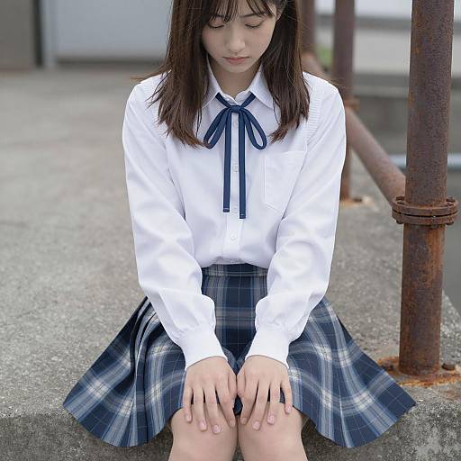 Japanese Schoolgirl Sitting on Concrete Ledge