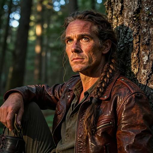 Photograph of rugged, long-haired man with braided hair, wearing brown leather jacket, leaning against tree in sunlit forest. Serious expression, warm