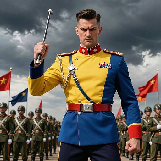 Photograph of a stern, muscular man in a vibrant yellow and blue military uniform with red accents, holding a baton, surrounded by soldiers under a