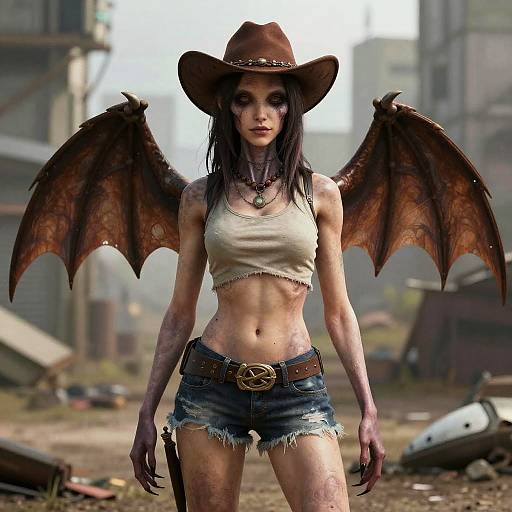 Digital art of a pale, muscular, demon-woman with bat wings, black hair, brown cowboy hat, white crop top, and denim shorts,
