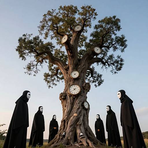 Photograph of a large, twisted tree with clocks on its trunk, surrounded by six black-robed, white-masked figures against a clear sky.