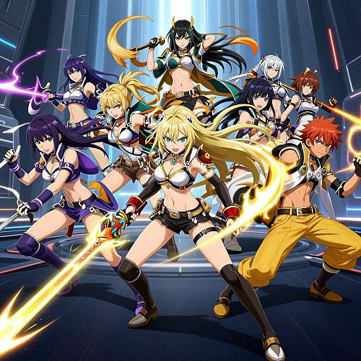 Digital anime-style artwork of a dynamic, battle-ready team of seven characters with varied hair colors and outfits, wielding glowing weapons in a futuristic, neon-l