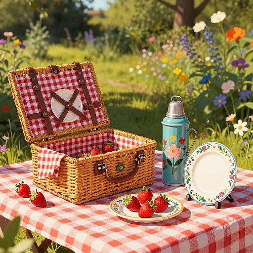 Vibrant Folk Art Country Picnic Scene