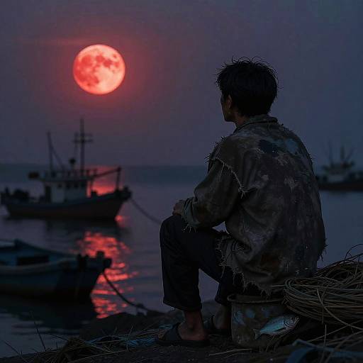 Photograph of a silhouetted man with tousled hair, wearing a tattered jacket, sitting on a pier at dusk, gazing at