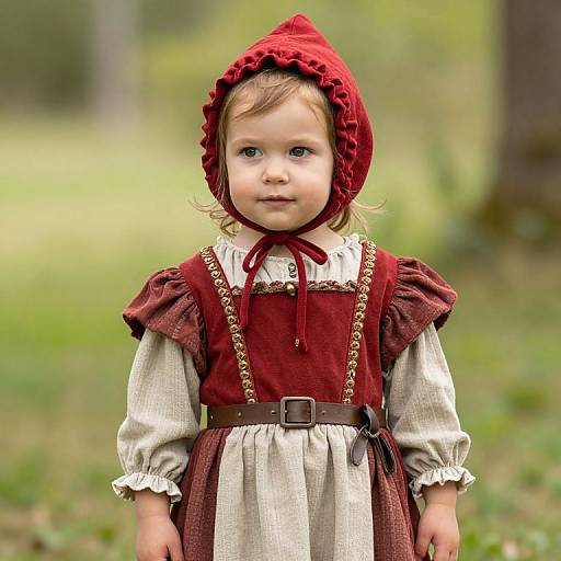 Photograph of a cute young girl with fair skin, brown hair, wearing a red hooded dress over a white blouse, standing in a green,