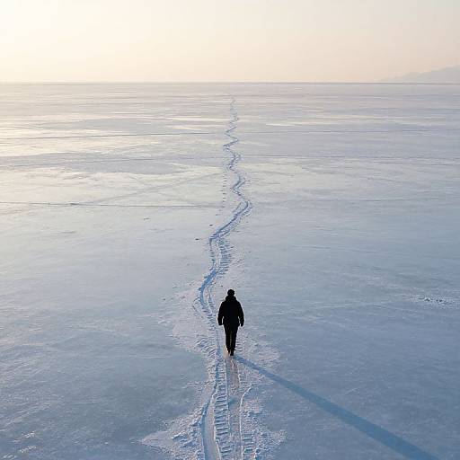 Silhouetted person in dark clothing walks alone on expansive, icy landscape with a single footpath trail, under a bright, pale sky.