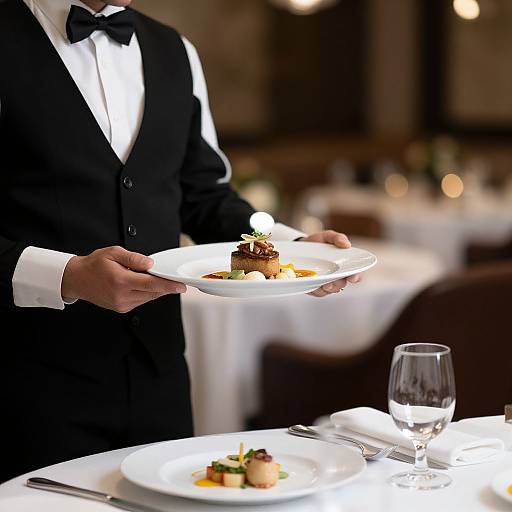 Photograph of a male waiter in a black tuxedo, holding a plate with gourmet dessert, in a dimly lit, elegant restaurant.