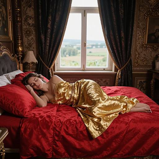 Photograph of a woman with dark hair, fair skin, and red lipstick, lying asleep on a luxurious red bed with a gold satin dress, in
