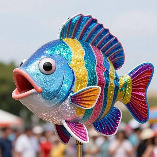 Vibrant, glittery fish sculpture with colorful scales (blue, yellow, pink, purple) and open mouth, photographed outdoors with blurred crowd in