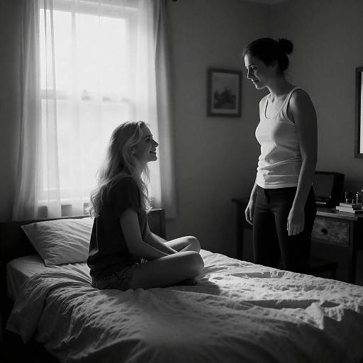 Dimly Lit Black-and-White Bedroom Portrait