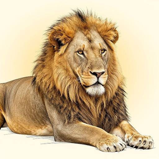 Photorealistic digital illustration of a majestic male lion with a thick, golden-brown mane, lying down with a focused gaze, against a plain white