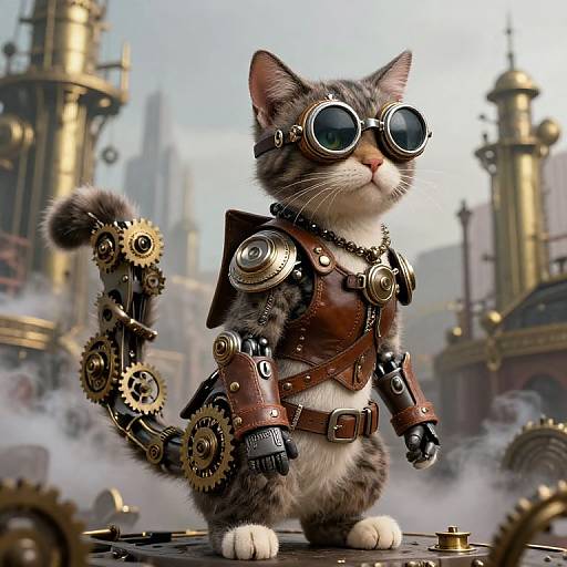 Steampunk cat with goggles, mechanical limbs, and brown leather armor stands confidently in a foggy, industrial cityscape background. Digital art.