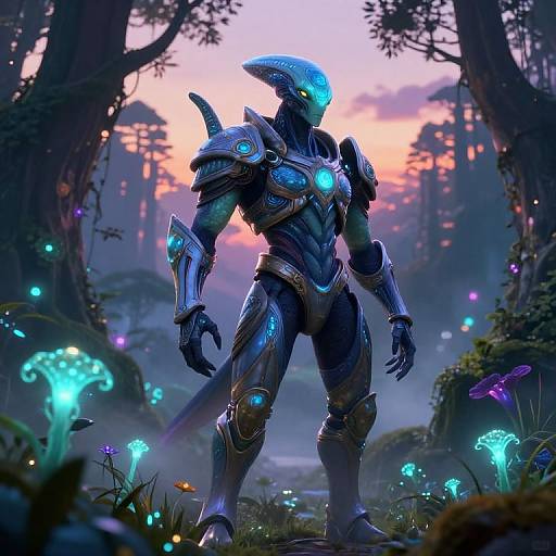 Digital artwork of a glowing, blue-armored alien warrior standing in a mystical, neon-lit forest with bioluminescent mushrooms and trees at sunset