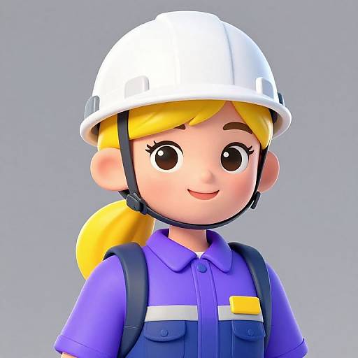 3D cartoon of a smiling blonde girl with a white hard hat, blue work uniform, yellow patch, and black headset.