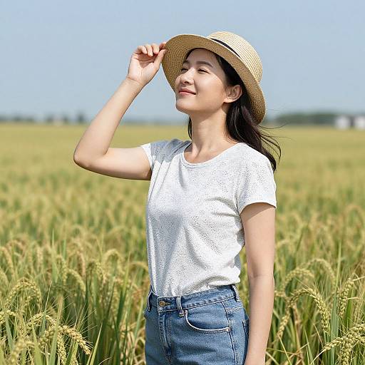 Photograph of an Asian woman with long black hair, wearing a white t-shirt, blue jeans, and straw hat, smiling in a sunlit wheat