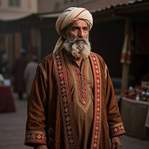 Photograph of an elderly man with a gray beard, wearing a beige turban and ornate brown traditional robe, standing in a bustling, shadowy