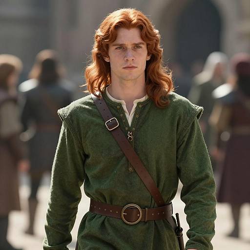 Young Man in Medieval Green Tunic Costume