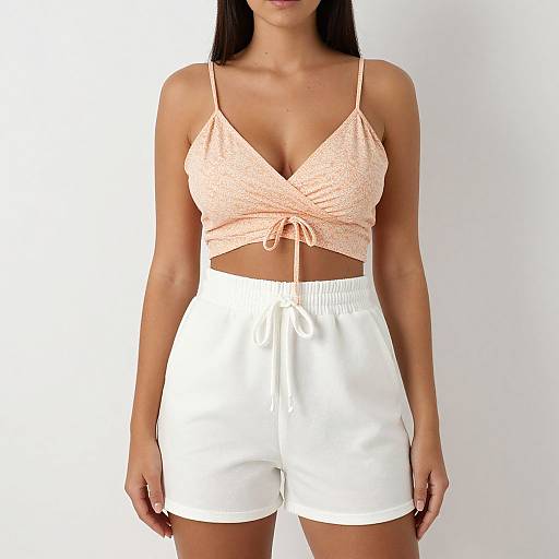 Photograph of a woman with long black hair, wearing a peach crocheted crop top and white drawstring shorts, standing against a plain white background