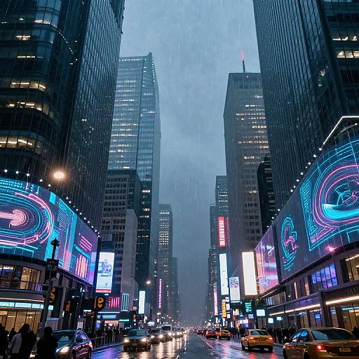Photograph of a rainy, neon-lit urban street in a bustling city, with tall skyscrapers, colorful digital billboards, and yellow taxis
