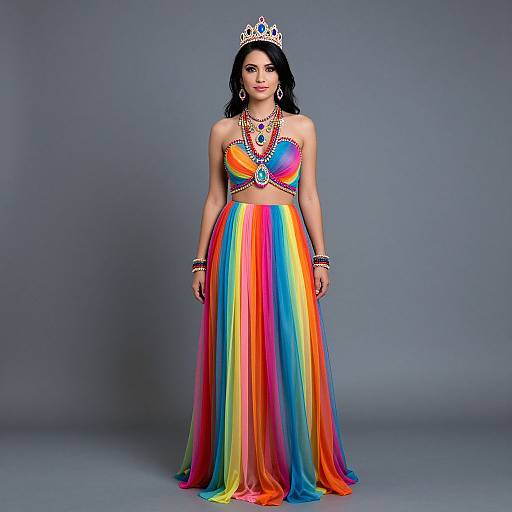 Photograph of a woman with dark hair, wearing a colorful rainbow dress, silver tiara, and multicolored jewelry, standing against a gray background