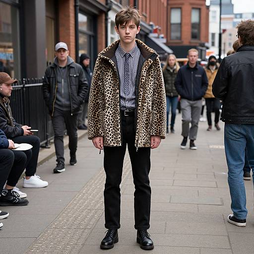 Photograph of a young man with brown hair, wearing a leopard print coat, blue check shirt, and black pants, standing on a busy urban sidewalk