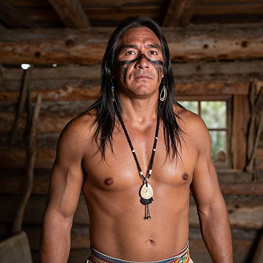 Photograph of a muscular, shirtless Native American man with long black hair, black face paint, large hoop earrings, and a necklace, standing in