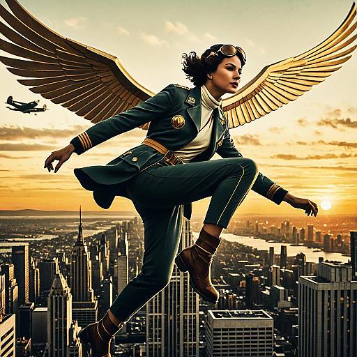 Art Deco Aviatrix with Golden Wings at Sunset