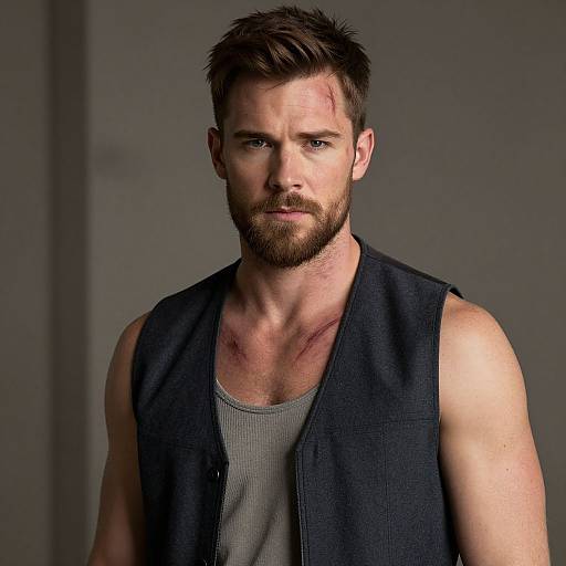 Photograph of a muscular, bearded man with short brown hair, wearing a sleeveless black vest over a gray tank top, with minor blood marks