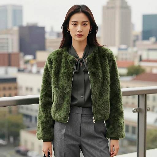 Photograph of an Asian woman with long black hair, wearing a green fur jacket and black shirt with high-waisted gray pants, standing on a