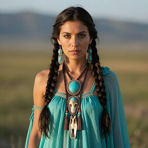 Photograph of a woman with long black braids, wearing a turquoise dress and matching jewelry, standing in a blurred, mountainous landscape.