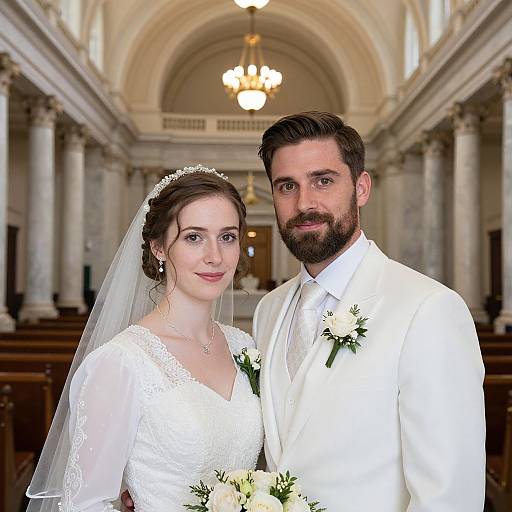 Photograph of a bearded groom in a white suit and a bride in a lace wedding dress, standing in an elegant, ornate church with ar
