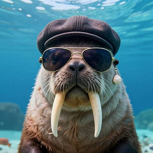 Photograph of a walrus underwater, wearing a black beret, aviator sunglasses, and a seashell earring, with prominent long tus