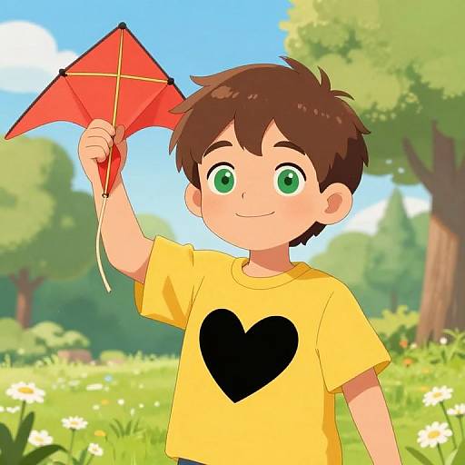 Cheerful Boy with Red Kite in Park