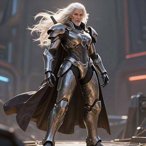 CGI image of a fierce, white-haired warrior with a beard, wearing black, shiny, medieval-style armor and a flowing cape, standing in a