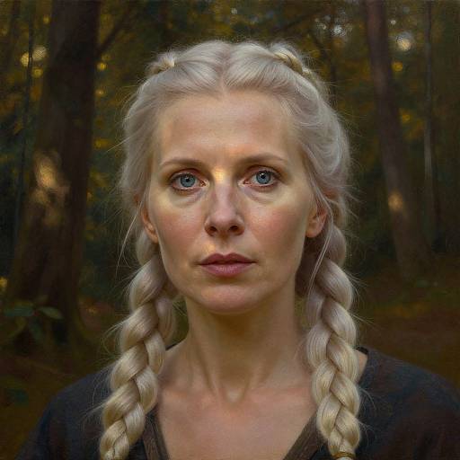 Photograph of a fair-skinned woman with long, braided platinum blonde hair, blue eyes, and wearing a dark top, set against a blurred