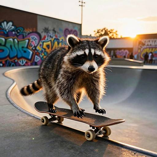 Photograph of a raccoon standing on a skateboard in a graffiti-covered skatepark at sunset, with vibrant colors and warm light.