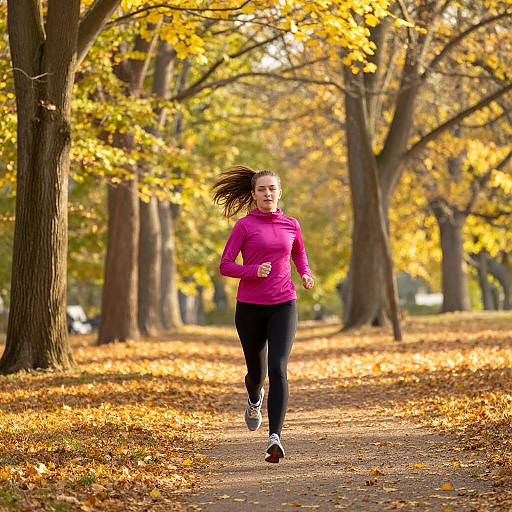 Photograph of a fit woman with long brown hair in a pink long-sleeve shirt and black pants, running on a leaf-covered path in a