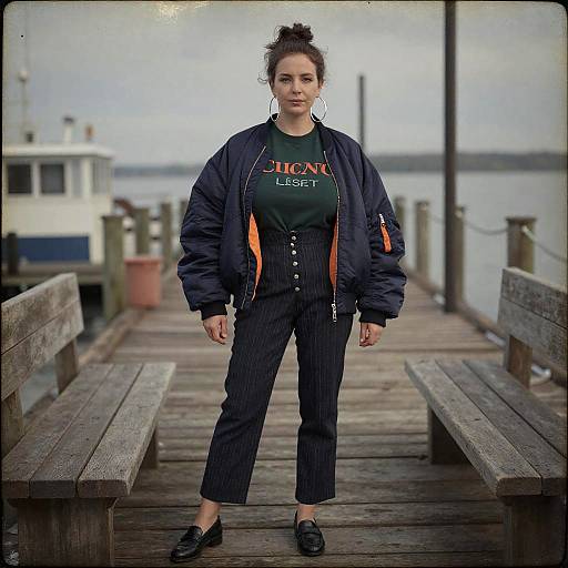 Photograph of a confident woman with dark hair in a bun, wearing a dark pinstripe jumpsuit, navy jacket, black loafers, standing