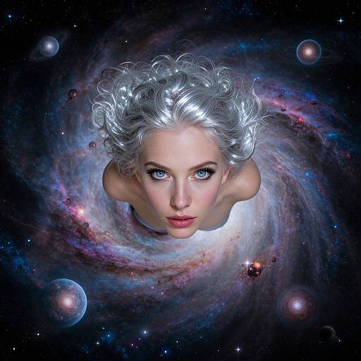 Digital art of a fair-skinned woman with silver, curly hair floating in space, surrounded by galaxies and planets, looking upwards.