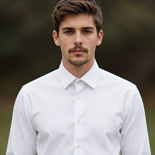Photograph of a young man with short dark hair, mustache, and brown eyes, wearing a crisp white button-down shirt, standing against a blurred