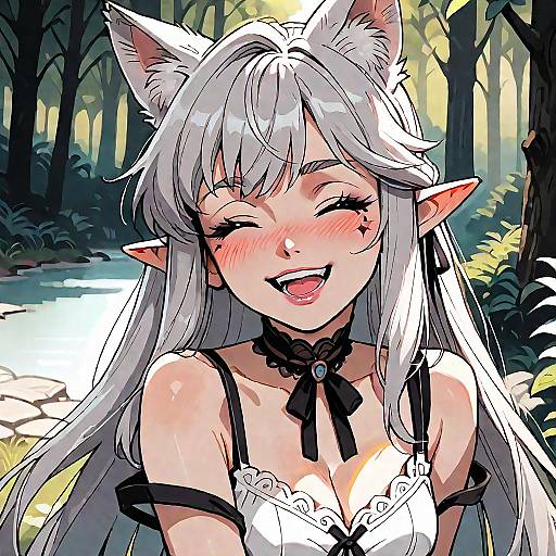 Smiling Wolf-Eared Girl in Forest