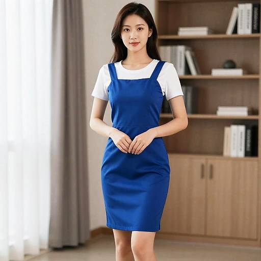 Woman in Blue Dress Standing Indoors