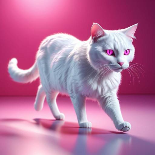 White Cat Walking in Pink Light