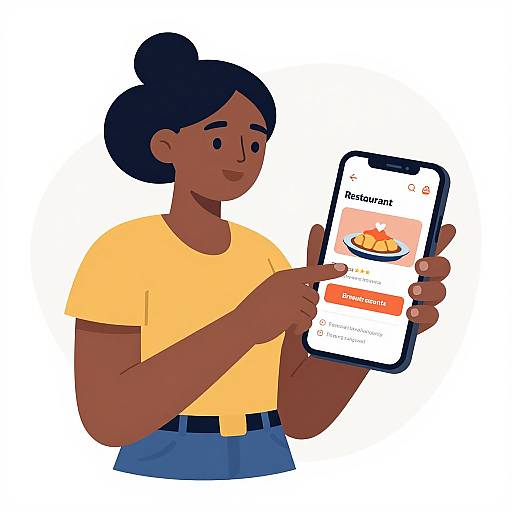 Digital illustration of a dark-skinned woman with a bun, wearing a yellow shirt, holding a smartphone displaying a recipe app.