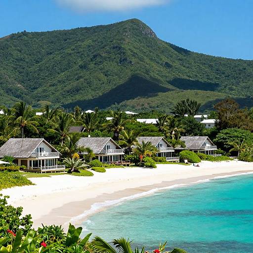 Photograph of a tropical beach with white sand, turquoise water, thatched-roof bungalows, lush green palm trees, and a mountainous